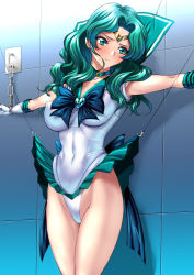 Rule 34 | 1girl, bdsm, bishoujo senshi sailor moon, blue bow, blush, bondage, bound, bound wrists, bow, breasts, breasts apart, brooch, chain, choker, clenched hand, clothes lift, collarbone, covered erect nipples, covered navel, earrings, elbow gloves, eyelashes, facing viewer, gloves, green choker, green eyes, green hair, green sailor collar, green skirt, groin, hair intakes, heart, heart brooch, highleg, highleg leotard, hook, jewelry, kaiou michiru, large breasts, legs together, leotard, long hair, looking to the side, magical girl, outer senshi, outstretched arms, parted lips, pleated skirt, restrained, sailor collar, sailor neptune, sailor senshi uniform, school uniform, sen (sansui), serafuku, skirt, skirt lift, solo, spread arms, standing, star (symbol), star choker, thighs, tiara, wall, wavy hair, white gloves, white leotard