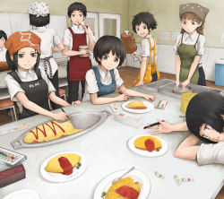 Rule 34 | 2boys, :d, animal hat, apron, black hair, boned meat, brown eyes, brown hair, food, hat, head scarf, highres, long hair, meat, multiple boys, multiple girls, omelet, omurice, open mouth, original, paint, paintbrush, painting (action), painting (object), plate, short hair, sink, smile, spoon, yajirushi (chanoma)