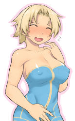 Rule 34 | 1girl, ^ ^, blonde hair, blush, bodypaint, breasts, closed eyes, embarrassed, closed eyes, final fantasy, final fantasy tactics, flying sweatdrops, full-face blush, gloves, large breasts, monk (fft), naked paint, nude, open mouth, painted clothes, short hair, solo, standing, tsukudani (coke-buta), unitard