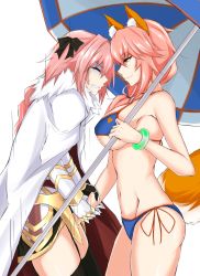 Rule 34 | 1boy, 1girl, animal ears, astolfo (fate), ball busting, bare arms, bare shoulders, bdsm, bikini, black bow, black thighhighs, blue bikini, bow, breasts, cape, cbt, clenched teeth, closed eyes, commentary request, cowboy shot, crotch grab, fate/grand order, fate (series), femdom, fox ears, fox tail, from side, fur trim, grin, hair bow, highres, holding, holding umbrella, large breasts, looking at viewer, midriff, pink hair, profile, side-tie bikini bottom, simple background, smile, standing, swimsuit, tail, tamamo (fate), tamamo no mae (fate/extra), tamamo no mae (swimsuit lancer) (fate), tears, teeth, thighhighs, thighs, trap, umbrella, watarase piro, white background, white cape, yellow eyes