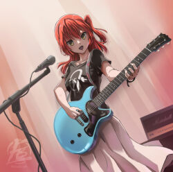 Rule 34 | 1girl, :d, amplifier, artist logo, black shirt, bocchi the rock!, cable tie, commentary, eladb art, electric guitar, english commentary, green eyes, guitar, hair between eyes, highres, holding, holding instrument, holding plectrum, instrument, kita ikuyo, long hair, long skirt, microphone, microphone stand, music, one side up, open mouth, playing instrument, plectrum, red hair, shirt, short sleeves, skirt, smile, solo, white skirt