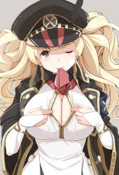 Rule 34 | 10s, 1girl, bad id, bad twitter id, blonde hair, breasts, center opening, cleavage, granblue fantasy, hat, kichihachi, large breasts, long hair, monica (granblue fantasy), mouth hold, one eye closed, paizuri invitation, peaked cap, solo