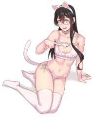 Rule 34 | 1girl, alternate costume, animal ears, aqua eyes, arm support, bare arms, bare shoulders, bell, black hair, blush, bra, bra pull, breasts, cat cutout, cat ear panties, cat ears, cat lingerie, choker, cleavage cutout, clothes pull, clothing cutout, collarbone, commentary, fake animal ears, frills, glasses, hairband, highres, jingle bell, kantai collection, legs, long hair, looking at viewer, meme attire, navel, neck bell, ooyodo (kancolle), panties, parted lips, semi-rimless eyewear, side-tie panties, simple background, sitting, small breasts, smile, solo, string panties, tail, thighhighs, under-rim eyewear, underwear, underwear only, white background, white bra, white panties, yokozuwari, yuuji (and)