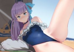 Rule 34 | 1girl, ass, bare shoulders, blue eyes, blue one-piece swimsuit, blue ribbon, blush, breasts, choker, closed mouth, covered navel, fate/grand order, fate (series), frills, hair between eyes, highleg, highleg swimsuit, highres, knee up, long hair, long sleeves, looking at viewer, lying, meltryllis, meltryllis (fate), meltryllis (swimsuit lancer) (fate), meltryllis (swimsuit lancer) (second ascension) (fate), nodj, on side, one-piece swimsuit, purple hair, ribbon, sleeves past fingers, sleeves past wrists, small breasts, spread legs, swimsuit, thighs, very long hair