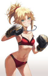 Rule 34 | 1girl, bare shoulders, blonde hair, boxing gloves, boxing ring, bra, braid, breasts, collarbone, fate/apocrypha, fate (series), french braid, green eyes, grin, hair ornament, hair scrunchie, highres, jewelry, long hair, looking at viewer, mordred (fate), mordred (fate/apocrypha), necklace, orange hair, panties, parted bangs, ponytail, red bra, red panties, scrunchie, short hair, sidelocks, simple background, small breasts, smile, solo, thighs, tonee, underwear, underwear only, white background