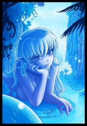 Rule 34 | blue eyes, blue hair, blue skin, blush, colored skin, felarya, forest, karbo, lamia, long hair, monster girl, nature, pointy ears, vivian (karbo), vore, water, waterfall