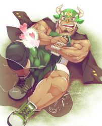 Rule 34 | 2boys, animal ears, bara, black hair, blush, bulge, covered abs, cow ears, cow horns, dark-skinned male, dark skin, erection, erection under clothes, facial hair, fake animal ears, full body, goatee, green eyes, grin, heart, horns, ikusaba daisuke, invisible man, jacket, jacket on shoulders, knee pads, leg lock, lying, male focus, multiple boys, muscular, muscular male, on back, pectoral cleavage, pectoral press, pectorals, sidepec, smile, sweat, taurus mask, thick thighs, thighs, tokyo houkago summoners, wrestling, wrestling mask, wrestling outfit, yunosuke