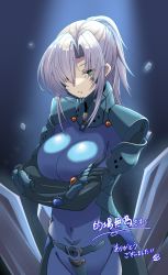 Rule 34 | 1girl, black background, breasts, commission, covered navel, crossed arms, fikatsia latrova, fortified suit, green eyes, hair behind ear, hair over one eye, kamon rider, large breasts, muv-luv, muv-luv alternative, muv-luv total eclipse, one eye covered, pilot suit, skeb commission, solo