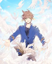 Rule 34 | 10s, 1boy, :d, bird, blue background, blue shirt, book, brown hair, cowboy shot, day, earrings, feather earrings, feathers, fingerless gloves, gloves, green eyes, jewelry, looking at viewer, male focus, open mouth, outstretched arms, shirt, single glove, smile, solo, sorey (tales), spread arms, tales of (series), tales of zestiria, white gloves, yurichi (artist)