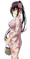 Rule 34 | 1girl, absurdres, bag, breasts, commentary request, flower, hair flower, hair ornament, haitekudasai takamine-san, highres, hiiragi yuuichi, holding, holding bag, japanese clothes, kimono, large breasts, long hair, looking at viewer, parted lips, ponytail, purple hair, red eyes, solo, takamine takane, very long hair
