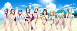 Rule 34 | 6+girls, absurdres, animal print, arms behind head, bb (fate), bb (fate/extra), beach, bianca (dq5), bikini, black hair, blonde hair, blue eyes, blue one-piece swimsuit, blue sky, blush, boa hancock, bow, braid, breasts, brown eyes, brown hair, cameltoe, character request, choker, cleavage, cloud, copyright request, creatures (company), crossover, dragon quest, dragon quest v, earrings, english text, fate/extra, fate/extra ccc, fate/grand order, fate (series), final fantasy, final fantasy vii, fingerless gloves, game freak, glasses, gloves, green eyes, grin, hair bow, hair over one eye, hair ribbon, hairband, heart, heart choker, highres, huge breasts, jewelry, large breasts, leopard print, lineup, long hair, looking at viewer, lusamine (pokemon), minamoto no raikou (fate), mountain, multiple girls, nintendo, ocean, one-piece swimsuit, one piece, outdoors, parted lips, pink one-piece swimsuit, pokemon, pokemon sm, polka dot, polka dot bikini, purple eyes, purple hair, purple one-piece swimsuit, red eyes, red gloves, ribbon, robertc4112, sand, skull print, sky, smile, speech bubble, standing, swimsuit, tifa lockhart, twintails, very long hair, water, white gloves, white one-piece swimsuit, yellow one-piece swimsuit