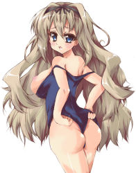 Rule 34 | 00s, 1girl, akikaze tsumuji, ass, bad anatomy, bad id, bad pixiv id, blonde hair, blue eyes, blush, breasts, clothes pull, kusugawa sasara, large breasts, long hair, looking back, one-piece swimsuit, shirt pull, solo, standing, swimsuit, to heart (series), to heart 2, very long hair