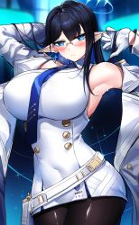 Rule 34 | 1girl, arms up, bare shoulders, belt, black hair, blue archive, blue eyes, blue necktie, blush, breasts, casul, dress, earrings, glasses, gloves, gold trim, halo, highres, jacket, jewelry, large breasts, necktie, open clothes, open jacket, pantyhose, pointy ears, rin (blue archive), solo, sweat, sweatdrop, white belt, white dress, white gloves, white jacket