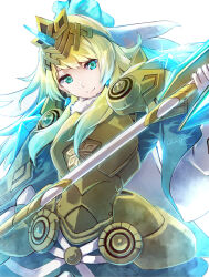 Rule 34 | 1girl, armor, armored dress, axe, blonde hair, blue eyes, clear glass (mildmild1311), crest, family crest, fire emblem, fire emblem heroes, fjorm (fire emblem), fjorm (ice ascendant) (fire emblem), flower, fur collar, gold armor, hair flower, hair ornament, hair over shoulder, halberd, highres, holding, holding axe, long hair, looking down, nintendo, polearm, smile, solo, tiara, veil, weapon