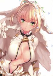 Rule 34 | 1girl, absurdres, ahoge, belt, blonde hair, bodysuit, breasts, bridal veil, chain, cleavage, fate/grand order, fate (series), flower, green eyes, hair intakes, highres, lips, lock, looking at viewer, mataro (matarou), medium breasts, navel, nero claudius (bride) (fate), nero claudius (fate), nero claudius (fate) (all), padlock, padlocked collar, parted lips, scan, simple background, solo, stomach, unzipped, upper body, veil, white background, white bodysuit