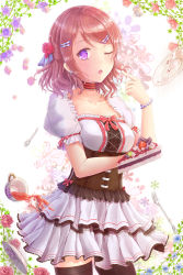 Rule 34 | 10s, 1girl, :o, berry, black thighhighs, blouse, blush, bow, bracelet, breasts, cake, chiru (wwfpkcc), choker, collarbone, contrapposto, corset, cowboy shot, cup, dirndl, dress, earrings, eyelashes, floral background, flower, food, fork, german clothes, hair flower, hair ornament, hairclip, jewelry, layered skirt, looking at viewer, love live!, love live! school idol festival, love live! school idol project, miniskirt, nishikino maki, one eye closed, open mouth, pink bow, plate, pointing, pointing at self, puffy short sleeves, puffy sleeves, purple eyes, red flower, red hair, red rose, rose, saucer, shirt, short hair, short sleeves, skirt, solo, spilling, spoon, standing, stud earrings, swept bangs, tea, teacup, thighhighs, wavy hair, white background, white shirt, white skirt, zettai ryouiki