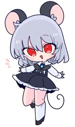 Rule 34 | 1girl, adapted costume, animal ears, black bow, black bowtie, black dress, black footwear, bow, bowtie, crystal, dress, dress shirt, grey hair, highres, long sleeves, mouse ears, mouse girl, mouse tail, nazrin, op na yarou, red eyes, shirt, shoes, short hair, simple background, smile, socks, solo, suspenders, tail, touhou, white background, white shirt