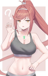 Rule 34 | 1girl, ?, black sports bra, breasts, chest jewel, confused, core crystal (xenoblade), cropped torso, glimmer (xenoblade), hair ornament, hairband, hand up, high ponytail, highres, large breasts, looking at viewer, open mouth, ponytail, red eyes, red hair, simple background, sports bra, strap lift, swept bangs, two-tone hairband, ushigoro, xenoblade chronicles (series), xenoblade chronicles 3, xenoblade chronicles 3: future redeemed