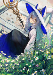 Rule 34 | 1girl, animal ears, black dress, blue bow, bow, cat ears, cat girl, cat tail, collared shirt, crossed bangs, dress, facial mark, flower, hat, holding, holding staff, long hair, long sleeves, looking at viewer, original, parted lips, paw print, railroad tracks, shirt, sitting, solo, staff, tail, whisker markings, white hair, white shirt, witch, witch hat, xyunx, yellow eyes