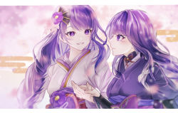 Rule 34 | 2girls, blunt bangs, blush, braid, bridal gauntlets, closed mouth, commentary request, egasumi, eye contact, eyelashes, flower, genshin impact, hair flower, hair ornament, hand up, highres, holding hands, japanese clothes, kimono, letterboxed, long hair, long sleeves, looking at another, low-braided long hair, low-tied long hair, makoto (genshin impact), mizuamememe, multiple girls, neck ribbon, obi, parted lips, profile, purple eyes, purple flower, purple hair, purple kimono, purple sash, raiden shogun, red ribbon, ribbon, sash, short sleeves, siblings, sidelocks, single braid, sisters, smile, spoilers, upper body, very long hair, wide sleeves