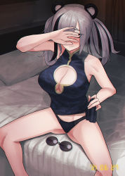 Rule 34 | 1girl, animal ears, arknights, black panties, blush, breasts, cleavage, closed mouth, covered eyes, covering face, dated, feater (arknights), gino (gino h), grey hair, hand over eye, highres, holding, indoors, large breasts, multicolored hair, on bed, panda ears, panties, red eyes, sitting, smile, solo, spread legs, streaked hair, sunglasses, twintails, underwear, unworn eyewear