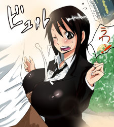 Rule 34 | 1girl, black eyes, black hair, blush, breasts, cum, cum on body, cum on clothes, cum on upper body, ejaculation, hasuno nene, huge breasts, long hair, looking down, necktie, open mouth, paizuri, penis, plant, shiimira, sweat, swot, uncensored, wince