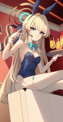 Rule 34 | 1girl, animal ears, blonde hair, blue archive, blue bow, blue bowtie, blue eyes, blue hair, blue leotard, bow, bowtie, breasts, closed mouth, cup, detached collar, drink, drinking glass, fake animal ears, halo, highres, holding, holding tray, leotard, long hair, looking at viewer, medium breasts, multicolored hair, nokachoco114, official alternate costume, rabbit ears, sitting, solo, strapless, strapless leotard, streaked hair, thighhighs, toki (blue archive), toki (bunny) (blue archive), tray, white thighhighs, wrist cuffs