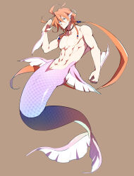 Rule 34 | 1boy, abs, bishounen, black choker, blue eyes, braid, brown background, choker, closed mouth, commentary request, fins, full body, gensoudanshi, head fins, highres, long hair, looking at viewer, low ponytail, male focus, merman, monster boy, nipples, orange hair, original, purple scales, scales, simple background, smile, solo, toned, toned male, twin braids, very long hair