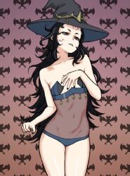 Rule 34 | bare shoulders, black hair, black nails, blue panties, bodystocking, breasts, covered navel, facial mark, fire emblem, fire emblem fates, forehead mark, looking at viewer, messy hair, nail polish, nintendo, nyx (fire emblem), panties, petite, red eyes, small breasts, underwear, wabaki, witch