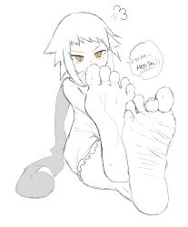Rule 34 | 1girl, barefoot, blush, corruption, cosplay, dark persona, feet, highres, looking at viewer, medium hair, medusa gorgon, medusa gorgon (cosplay), monochrome, official alternate costume, official alternate hair color, possessed, possession, rachel boyd, soles, soul eater, sweat, toes, translated