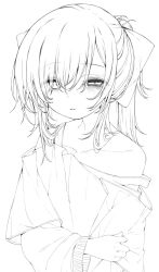 Rule 34 | 1girl, bags under eyes, bare shoulders, bow, expressionless, hair bow, highres, lineart, long hair, looking at viewer, monochrome, mushoku loli, mushoku loli (character), original, parted lips, ponytail, shirt, simple background, sketch, solo