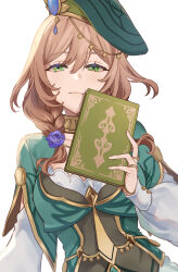 Rule 34 | 1girl, absurdres, beret, blue flower, blue rose, book, braid, breasts, brown hair, capelet, closed mouth, commentary, dress, eyelashes, flower, genshin impact, gold trim, green capelet, green eyes, green hat, hair between eyes, hat, highres, holding, holding book, jewelry, light smile, lisa (a sobriquet under shade) (genshin impact), lisa (genshin impact), long sleeves, looking at viewer, medium breasts, medium hair, neck ring, official alternate costume, ring, rose, simple background, smile, solo, twin braids, upper body, white background, white dress, yamabuki0211