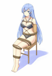 Rule 34 | 1girl, akame ga kill!, arms behind back, barefoot, bdsm, between breasts, black bra, black panties, blue eyes, blue hair, blush, bondage, bound, bra, breasts, chair, cleavage, commission, esdeath, full body, large breasts, long hair, looking at viewer, navel, panties, rope, shibari, sitting, solo, tied to chair, underwear, underwear only, very long hair, white background, yoshiiaki