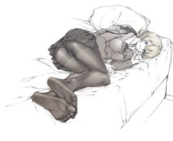 Rule 34 | 10s, 1girl, artist request, bed, blonde hair, braid, darjeeling (girls und panzer), feet, feet together, foot focus, girls und panzer, looking at viewer, lying, monochrome, no shoes, on side, pantyhose, pov, smile, soles, toes, upskirt