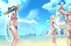 Rule 34 | 5girls, artist request, ass, beach, bikini, blonde hair, breasts, cloud, drill hair, evileye (overlord), flower, gagaran, green eyes, hat, heart, lakyus alvein dale aindra, long hair, multiple girls, muscular, ocean, overlord (maruyama), ponytail, red eyes, rose, siblings, sisters, swimsuit, tia (overlord), tina (overlord), twins