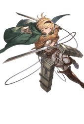 Rule 34 | 1girl, belt, blonde hair, blouse, boots, breasts, brown eyes, cloak, cosplay, djeeta (granblue fantasy), dual wielding, full body, granblue fantasy, hairband, holding, holding sword, holding weapon, knee boots, looking at viewer, medium breasts, minaba hideo, official art, paradis military uniform, shingeki no kyojin, shirt, short hair, solo, sword, thigh strap, three-dimensional maneuver gear, transparent background, uniform, weapon, white shirt
