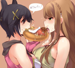 Rule 34 | 10s, 2girls, animal ears, ashihara yuno, asymmetrical docking, bare shoulders, black hair, blunt bangs, blush, braid, breast press, breasts, brown background, brown hair, covered erect nipples, crown braid, dress, eating, egg (food), eye contact, fingerless gloves, fingernails, flying sweatdrops, food, food on face, fried egg, gloves, god eater, god eater 2: rage burst, green eyes, hair ornament, hairband, hairclip, heart, heart-shaped pupils, holding, huge breasts, jacket, jewelry, kouzuki nana, large breasts, licking, long hair, looking at another, multiple girls, naso4, necklace, open clothes, open jacket, open mouth, pearl necklace, pink gloves, pointing, profile, red eyes, sandwich, shared food, shiny skin, short hair, sideboob, simple background, sleeveless, symbol-shaped pupils, tank top, tears, tongue, tongue out, translated, upper body, very short hair