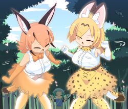 Rule 34 | 3girls, animal ear fluff, animal ears, animal print, belt, blonde hair, blue sky, blush, bow, bowtie, breasts, brown belt, caracal (kemono friends), cat ears, cat girl, cat tail, center frills, closed eyes, commentary request, day, elbow gloves, eyes visible through hair, feet out of frame, forest, frills, gloves, green hair, hair between eyes, kemono friends, kemono friends r, large breasts, leopard print, lets0020, looking at viewer, medium bangs, multiple girls, nature, open mouth, orange bow, orange bowtie, orange gloves, orange skirt, pink hair, print skirt, print thighhighs, serval (kemono friends), shirt, short hair, skirt, sky, sleeveless, sleeveless shirt, standing, tail, thighhighs, tomoe (kemono friends) (niconico88059799), white belt, white gloves, white shirt, yellow thighhighs