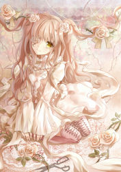 Rule 34 | 1girl, bad id, bad pixiv id, blonde hair, boots, dress, eyepatch, female focus, flower, highres, kirakishou, lolita fashion, long hair, open \m/, plant, puracotte, rose, rozen maiden, scissors, seiza, sitting, solo, thigh boots, thighhighs, thorns, two side up, very long hair, vines, yellow eyes