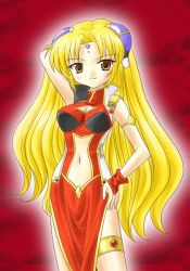 Rule 34 | 00s, 1girl, bare legs, blonde hair, bracelet, bridal gauntlets, brown eyes, cleavage cutout, clothing cutout, dress, facial mark, forehead mark, galaxy angel, gloves, hair ornament, hairclip, jewelry, long hair, looking at viewer, navel cutout, pelvic curtain, ranpha franboise, side slit, solo, tagme, thighlet, very long hair