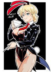 Rule 34 | 1girl, animal ears, artist name, black background, black jacket, black leotard, black pantyhose, blonde hair, blue eyes, blush, braid, breasts, closed mouth, coattails, collar, commentary, cowboy shot, cup, darjeeling (girls und panzer), dated, detached collar, fake animal ears, fishnet pantyhose, fishnets, girls und panzer, half-closed eyes, highleg, highleg leotard, highres, holding, holding cup, holding saucer, jacket, large breasts, leotard, light blush, long sleeves, looking at viewer, necktie, outline, outside border, pantyhose, playboy bunny, rabbit ears, rabbit tail, red necktie, saucer, shinkuukan (tetsuo3), short hair, signature, skindentation, smile, solo, tail, teacup, thighs, white collar, white outline, wing collar