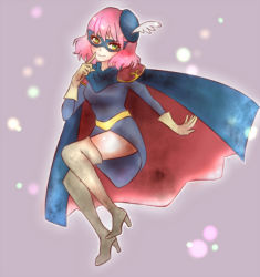 Rule 34 | 1990s (style), 1girl, beret, blue mage (final fantasy), boots, cape, dahlia (haworthia), domino mask, female focus, final fantasy, final fantasy v, full body, gloves, gradient background, green eyes, hat, kneehighs, lenna charlotte tycoon, mask, pink hair, retro artstyle, short hair, shoulder pads, socks, solo