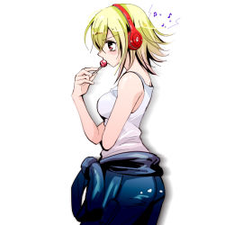 Rule 34 | 1girl, bad id, bad pixiv id, beats by dr. dre, blonde hair, candy, clothes around waist, food, headphones, highres, koharu turbo, listening to music, lollipop, red eyes, sherika, short hair, solo, tank top, versus earth