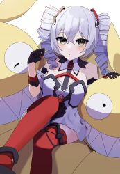 1girl :o absurdres bare_shoulders black_gloves blush bronya_zaychik bronya_zaychik_(drive_kometa) bronya_zaychik_(yamabuki_armor) commentary crossed_bangs dress drill_hair gloves grey_eyes grey_hair h2o_omizu hair_between_eyes hashtag-only_commentary highres homu_(honkai_impact) honkai_(series) honkai_impact_3rd open_mouth red_thighhighs solo thighhighs twin_drills white_dress