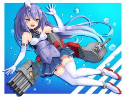 Rule 34 | 1girl, anchor, azur lane, blue hair, breasts, cannon, collar, detached sleeves, dewey (azur lane), dixie cup hat, full body, garrison cap, hat, long hair, looking at viewer, military hat, open mouth, rigging, sleeveless, small breasts, solo, thighhighs, tks (526tks), torpedo, torpedo tubes, waving, weapon, white hat, white thighhighs, yellow eyes