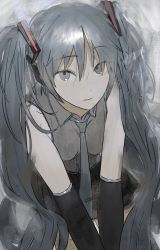 Rule 34 | 1girl, black ribbon, black skirt, black sleeves, blue hair, blue necktie, detached sleeves, grey eyes, grey shirt, hair between eyes, hair ribbon, hatsune miku, highres, leaning forward, long hair, looking at viewer, mabelmine, necktie, red ribbon, ribbon, shirt, skirt, solo, striped ribbon, tie clip, twintails, vocaloid