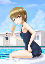 Rule 34 | 2girls, :p, adjusting clothes, adjusting swimsuit, ass, black hair, blush, brown eyes, brown hair, dated, long hair, looking at viewer, multiple girls, one-piece swimsuit, ponytail, pool, popsicle, school girl strikers, school swimsuit, short hair, signature, smile, sunsun69, swimsuit, tongue, tongue out, uraba aoi, wakatsuki chika