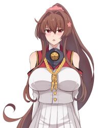 Rule 34 | 1girl, arms at sides, breasts, brown hair, cherry blossoms, collar, detached sleeves, flower, hair flower, hair ornament, kantai collection, kuroten, large breasts, long hair, looking at viewer, metal collar, pleated skirt, ponytail, red eyes, simple background, skirt, solo, white background, white skirt, yamato (kancolle), yamato kai ni (kancolle)