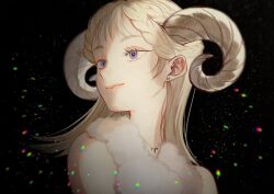 Rule 34 | 1girl, aries (symbol), aries (zodiac), bare shoulders, black background, blonde hair, blurry, braid, braided bangs, closed mouth, commentary, curled horns, earrings, eyelashes, flipped hair, french braid, fur trim, highres, horns, jewelry, light particles, lips, long hair, looking to the side, medium hair, original, pendant, purple eyes, sheep girl, sheep horns, smile, solo, stud earrings, symbol-only commentary, yumeko (yumeyana g), zodiac