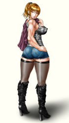 Rule 34 | 1girl, absurdres, ass, bad id, bad pixiv id, bare shoulders, blonde hair, boots, breasts, brown eyes, brown hair, camouflage, covered erect nipples, cutoffs, denim, denim shorts, female focus, fishnet thighhighs, fishnets, from behind, full body, hand on own hip, highres, huge ass, jacket, jacket over shoulder, unworn jacket, knee boots, large breasts, long hair, long legs, looking at viewer, looking back, muscular, muscular female, open mouth, original, ponytail, saru panitumu, scrunchie, shadow, short hair, short shorts, shorts, sideboob, simple background, solo, standing, tank top, thighhighs